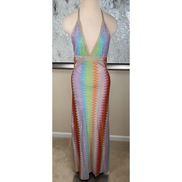 ALEXIS Enna Halterneck Crochet Multicolor Missoni Pattern Maxi Dress Size M - Picture 5 of 11